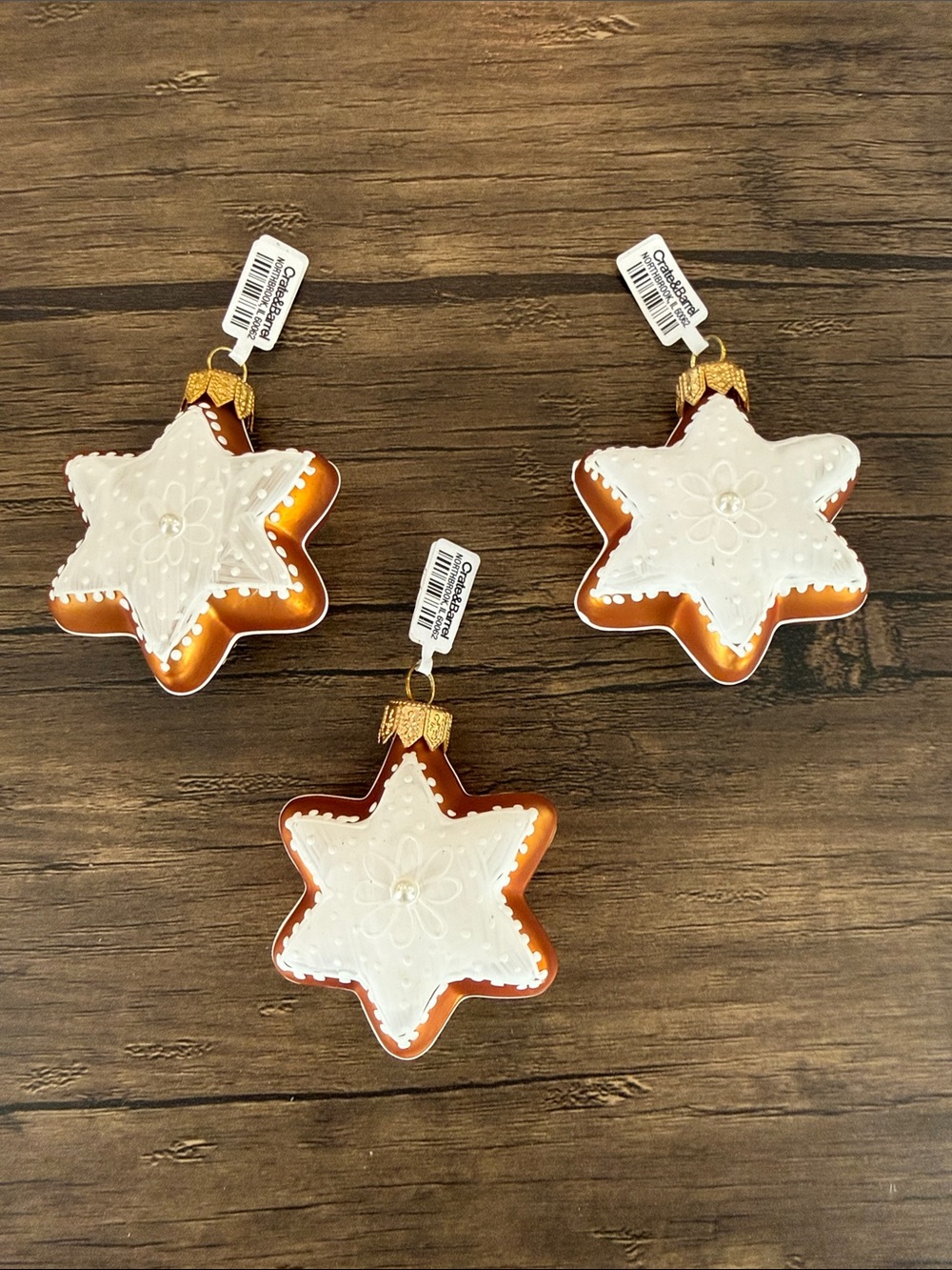 Crate&Barrel White and Gold Star Cookie Ornament Set of 3.